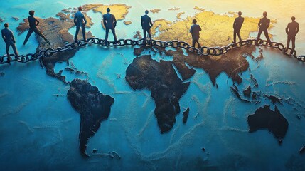 Professionals from various continents forming a human chain over a world map, blockchain links binding them, illustrating the collaborative and secure nature of global business networks.
