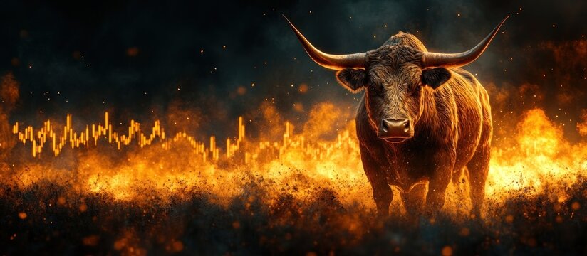 Bull Market  -  A Bull Standing in a Sea of Fire, a Symbol of Growth and Power