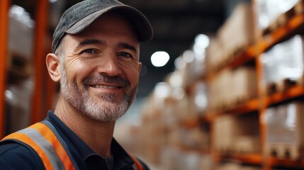 Smiling portrait of a happy middle aged warehouse worker or manager working in a warehouse