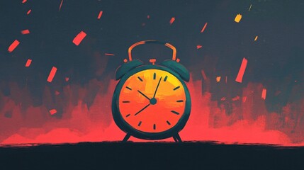 A vibrant illustration of an alarm clock against a fiery backdrop, symbolizing urgency and time.