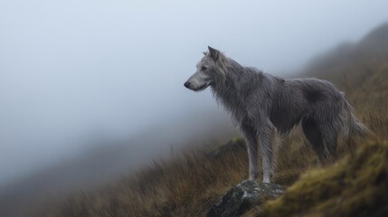 Fototapeta premium A lone wolf stands on a rocky outcrop in a misty landscape.