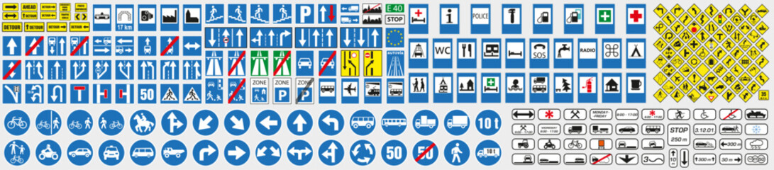 Various signs. A large set of road signs. Road signs. © Alex Darts