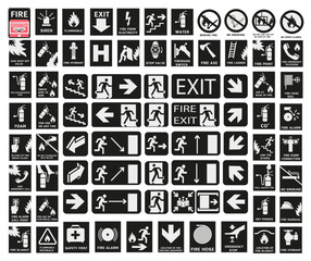 Fire signs in black colors. Actions in case of fire. Symbols of first aid in case of fire.