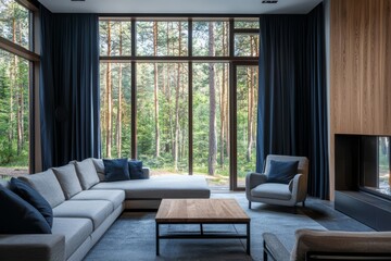 Modern Scandinavian living room with large windows, L-shaped sofa, and fireplace surrounded by a serene forest view