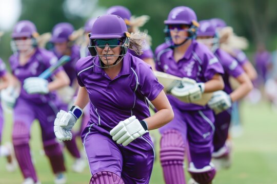 Women Cricket Team. Focused women, cricket players in purple uniform, running forward, ready to play with skill and teamwork.