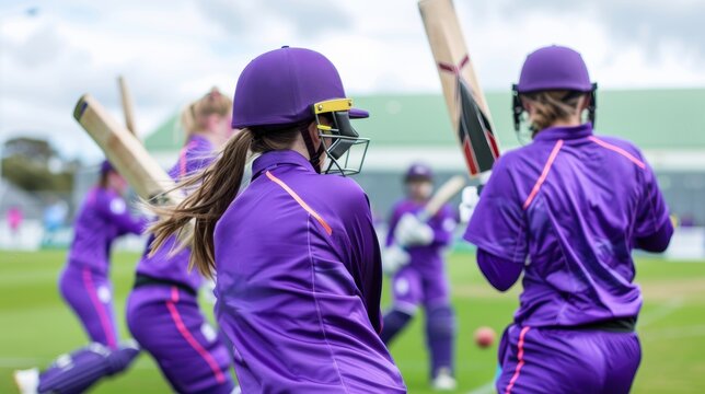 Women Cricket Team. Focused women, cricket players in purple uniform, in motion on field, stadium, ready to play with skill and teamwork. - Powered by Adobe