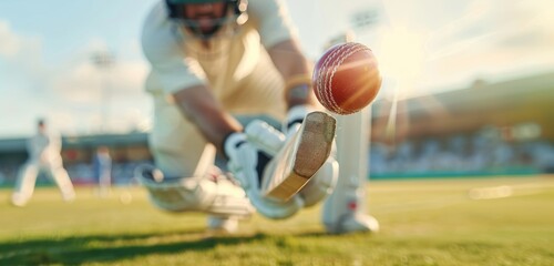 Focuses man, cricket player in motion at outdoor stadium during intense game, man hitting ball, playing under sunny sky