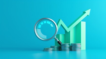Conceptual image depicting growth in finance with a magnifying glass over a rising graph and stacks of coins in the background.