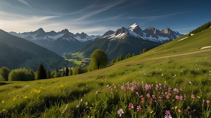 Idyllic mountain scenery in the Alps with blooming.generative.ai