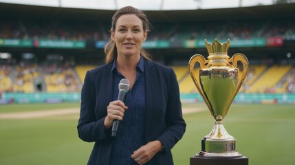Confident female sports presenter holding gleaming trophy, standing in cricket field. Game translation.