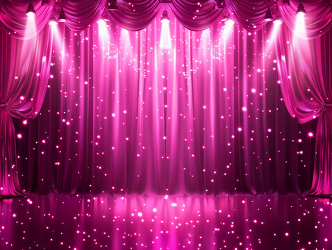 Sparkling pink purple stage backdrop shiny curtains fairy glow spotlights glitzy glamorous theatrical stage event ambiance party backdrop banner background empty copy space