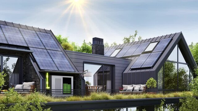 Modern House with Solar Panels and Storage Batteries