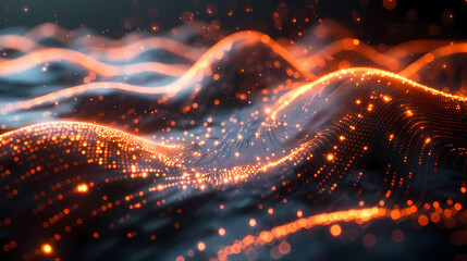 Obraz premium Background design with abstract waves of particles. Abstract wave moving dots flow particles, brochure background design with hi-tech elements and big data