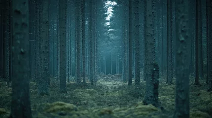 Selbstklebende Fototapeten A misty forest scene with tall, dark trees and a serene, tranquil atmosphere. © BerkahStock