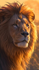 Naklejka premium A close-up portrait of a majestic lion with a detailed, golden mane, capturing its intense, yet calm expression against a soft, blurred background