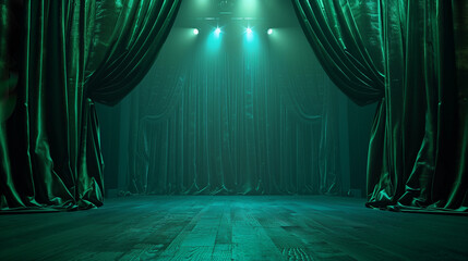 Dramatic emerald teal jade green velvet stage curtains moody theatre bright lighting event performance concept atmospheric backdrop banner background empty copy space dancing hall old Hollywood retro 