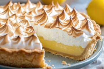 A lemon meringue pie with a golden brown meringue topping, sliced to show the zesty lemon filling inside