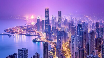 city skyline at dusk with purple sky and fireworks