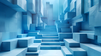 Fototapeta premium very elaborate and abstract 3d stairway with many boxes in paper cut style, in the style of light indigo,photostock style