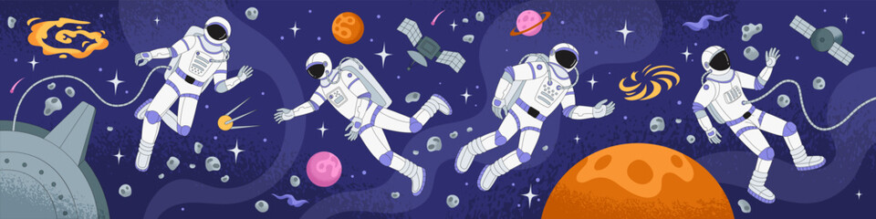 Travel space astronaut. Galaxy adventure universe. Astronomy cosmos, planet orbit, moon and star. Cosmonaut spacesuit on interstellar flying. Horizontal banner design. Vector tidy cartoon illustration