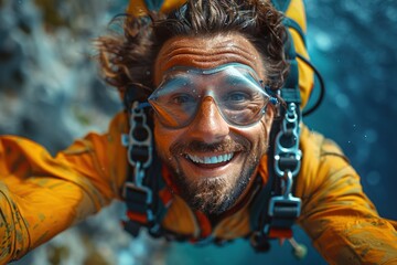 Adventurer captures joyful selfie while paragliding over stunning cliffs along the coast during a...