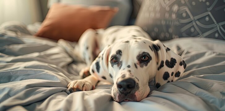 Dalmatian dog lying on a bed in a bedroom, closeup portrait making eye contact with the camera, soft light, high resolution photography, high details, high quality, high sharpness,