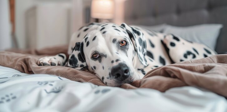 Dalmatian dog lying on a bed in a bedroom, closeup portrait making eye contact with the camera, soft light, high resolution photography, high details, high quality, high sharpness,