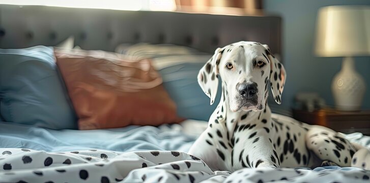 Dalmatian dog lying on a bed in a bedroom, closeup portrait making eye contact with the camera, soft light, high resolution photography, high details, high quality, high sharpness,