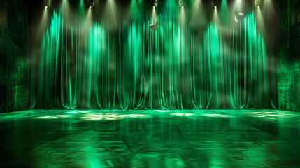 Wicked emerald green velvet satin fabric draped stage curtain theatrical lighting dramatic ambience performance event backdrop background banner empty copy space mock up witch concert movie show wicca