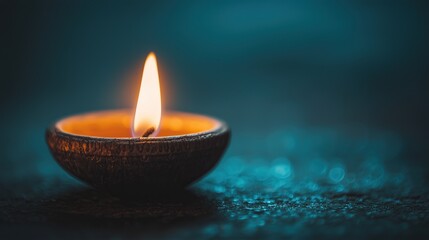 diwali diya single candle flame glows brightly against dark blue background copy space