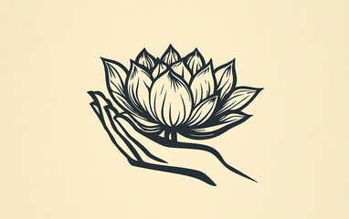 Fototapeta premium Serene Hand Holding Lotus Flower Vintage Logo Woodcut Design on Beige Background