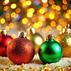 Sparkling red green Christmas ornaments with blurry background of twinkling lights