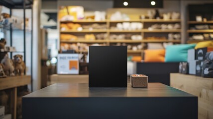 Blank sandwich board in a pet store, ready for special promotions, with shelves of pet products in the background. Empty sandwich board