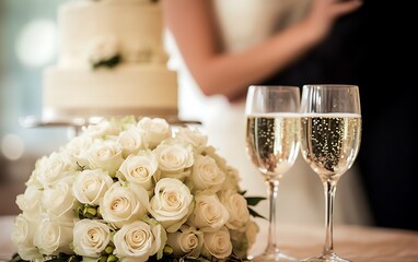 Elegant Wedding Celebration with White Roses Bouquet, Champagne Glasses, and Cake - Romantic Couple Embracing in Background