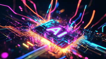 Futuristic ai chip with neon lights and dynamic energy flow