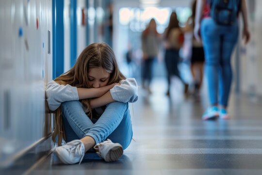 Sad teenage girl sitting on the floor in a school hallway, feeling isolated and lonely.
