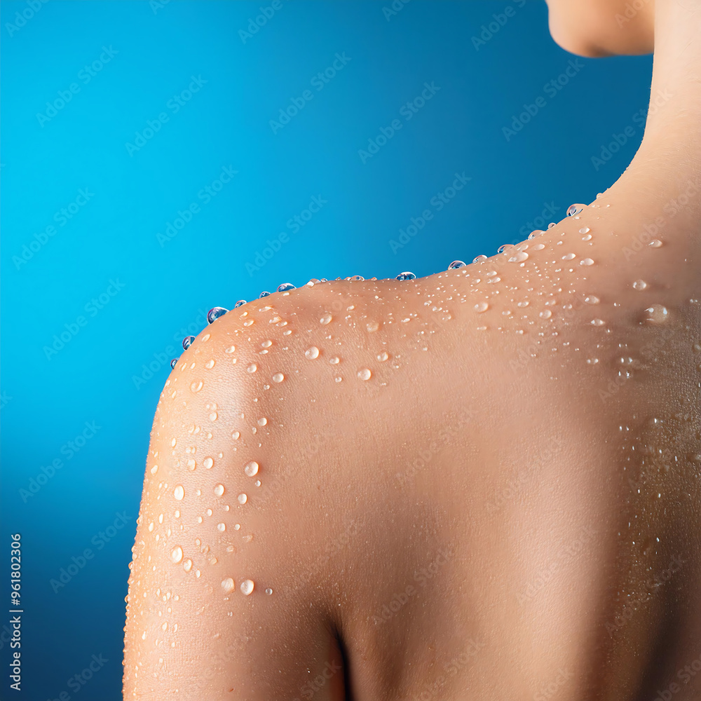 Wall mural close-up of a wet shoulder with water droplets on a blue background, symbolizing freshness._1(398)