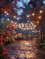 Naklejka premium Garten, Lichterkette, Regen, Nass, GemÃ¼tlich, Herbst, Weihnachten, Pflanzen, KÃ¼bel, Deko, Lichter, Beleuchtung