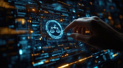 Digital Justice: Hand Interacting with a Digital Scales of Justice Icon