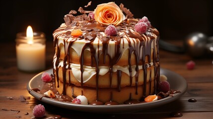 a chocolate birthday cake with number candles, with melting icing dripping down.
