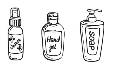 Hand disinfection kit disinfectant, cleaner, antibacterial soap. Hand drawn vector illustration in doodle style. Cleaner, sanitizer. Gel for cleaning hands. Design for printing