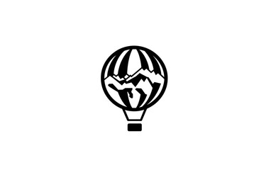 Minimalist Black and White Vector Hot Air Balloon Logo Soaring Above Earth - Adventure and Exploration Travel Agency Symbol