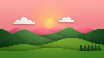Fototapeta premium Lush green landscape, pink ribbon shining through the clouds, flat design illustration