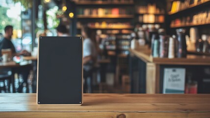Cafe scene inside a bookstore, with a black sandwich board ready for custom menus or special offers. Empty sandwich board