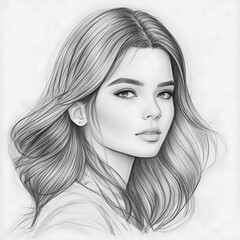 Hand drawn portrait of beautiful young girl sketch with long wavy hair, fashion illustration, beauty concept, feminine artistic sketch for design, graphic pencil drawing for beautiful woman sketch
