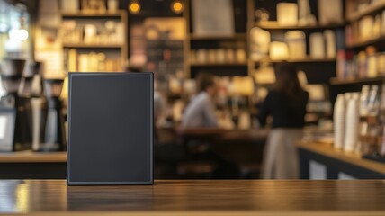 Blank sandwich board in a cafe, surrounded by shelves of books and customers enjoying their reading time. Empty sandwich board