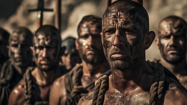 Group of dirty and sweaty Caucasian men - slaves, criminals and convicts bound with ropes under the sun of a desert to work. Scene of ancient slavery