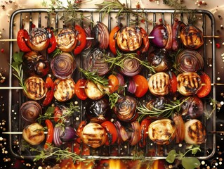 Naklejka premium Top view of fresh herb grilled vegetables with barbecue sauce on grill being grilled. Delicious freshly made food.