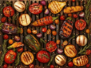 Fototapeta premium Top view of fresh herb grilled vegetables with barbecue sauce on grill being grilled. Delicious freshly made food.