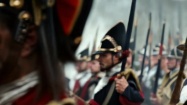 Close up of the faces of Napoleonic soldiers with intense expressions, grime covered, wearing military hats. Detailed historical portrait showcasing determination and fatigue during battle